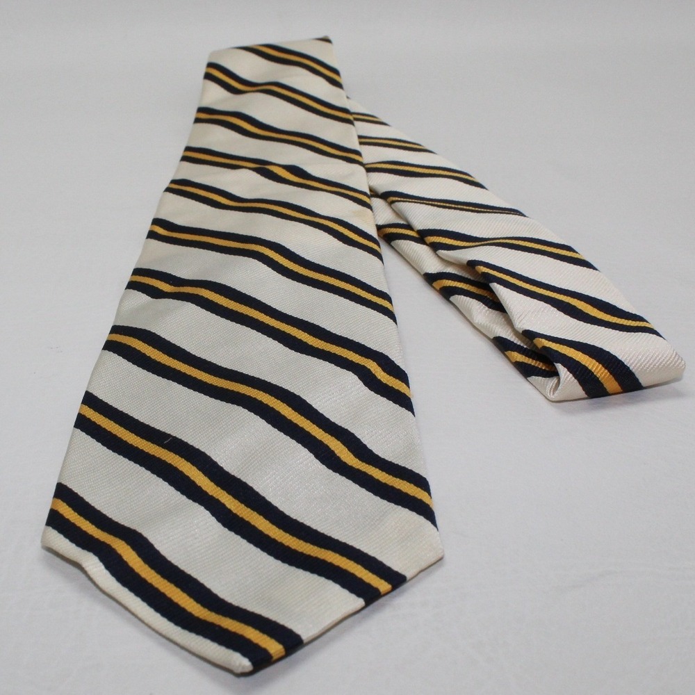 Polo Ralph Lauren Silk Tie Mens Cream Navy Gold Striped Hand Made Italy Repp